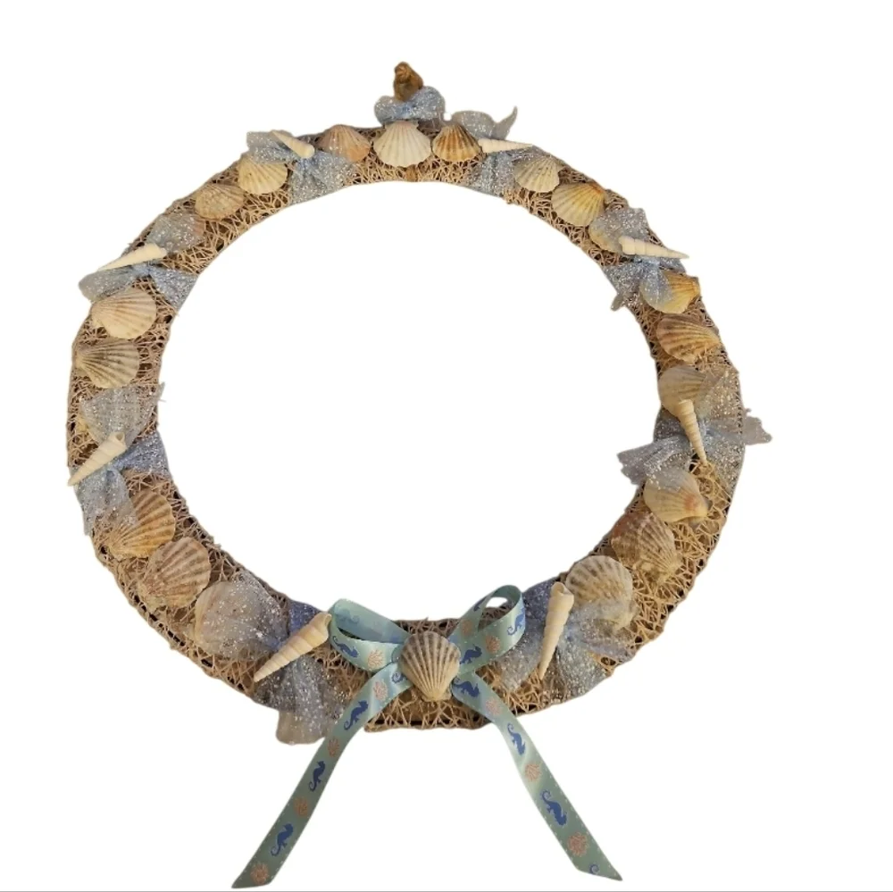 Seashell Ribbon Wreath Handmade Coastal Wall Decor